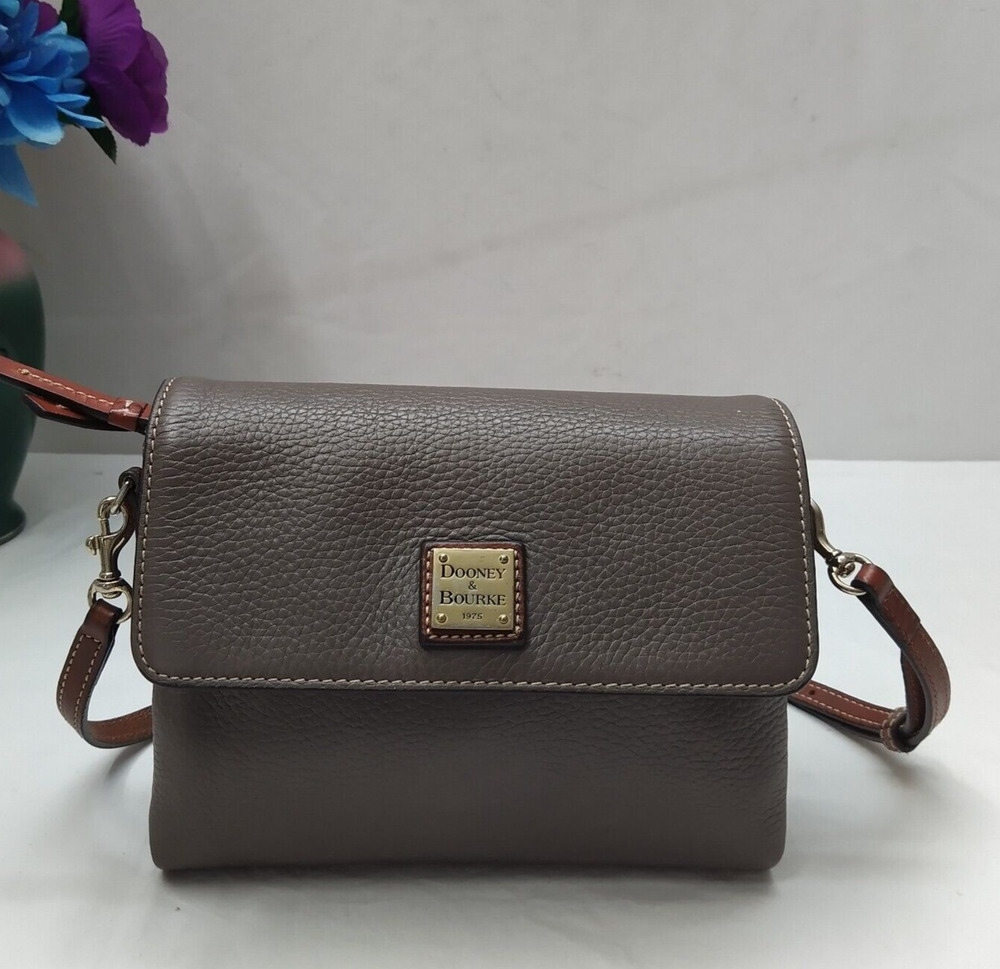 Dooney & Bourke Brown Pebbled Leather Double Zipper Flap Closure Crossbody Bag